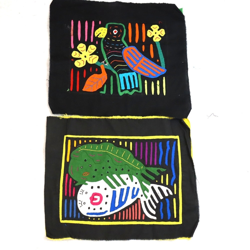 Vintage Kuna Mola Textile Panels Pair Folk Art‎ Animals